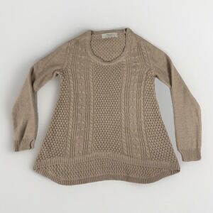 Zara Knitwear Sweater Women Medium Tan Fisherman Chunky Knit Hi-Low Hem Pullover
